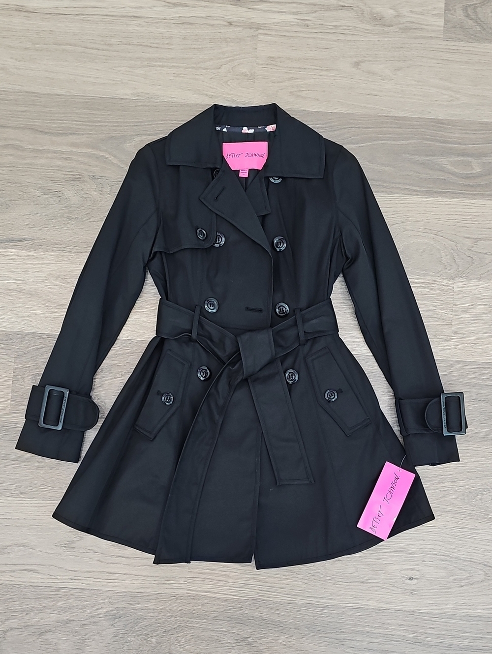 Betsey Johnson Black Fit-and-Flare Trench Coat with Belt